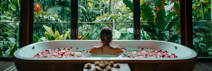 Fotobehang Find relaxation in a luxurious spa retreat. Picture a woman soaking in a bath of rose petals, amidst lush greenery of a tropical forest. Enjoy the calming ambiance and indulge in blissful escapism © Fox