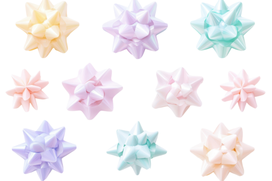 Pastel gift bows in soft hues of pink, blue, yellow, and purple arranged in a grid on a clean white background, evoking festive charm.

