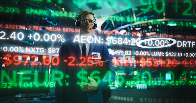 Stock Broker Analyses Holographic Running Ticker Line, Displaying Dynamic Stock Data Trading Floor. Illustration Content Financial Analytics and Market Information. Green Overlay AI Fintech Data
