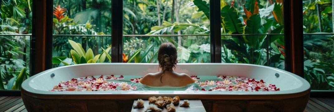Find relaxation in a luxurious spa retreat. Picture a woman soaking in a bath of rose petals, amidst lush greenery of a tropical forest. Enjoy the calming ambiance and indulge in blissful escapism