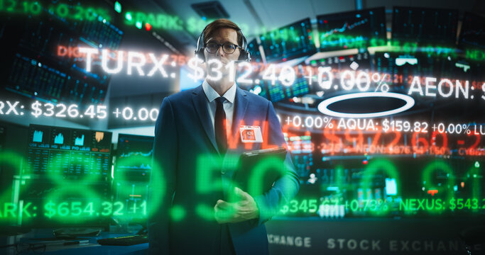 Stock Broker Analysis a Holographic Running Ticker Line, Displaying Dynamic Stock Data Trading Floor. Illustration Content Financial Analytics and Market Information. Green Overlay AI Fintech Data