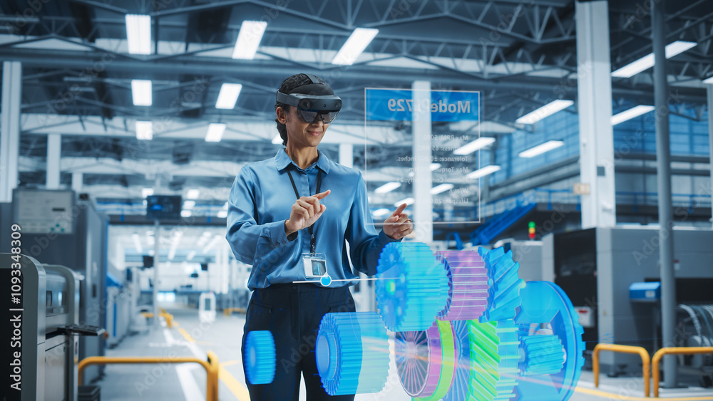Poster Female Engineer Wearing AR Headset in a High Tech Factory Uses Augmented Reality to Interact With 3d Holographic Engine, Manufacturing of Electric Engines for The Future. Engineering Concept