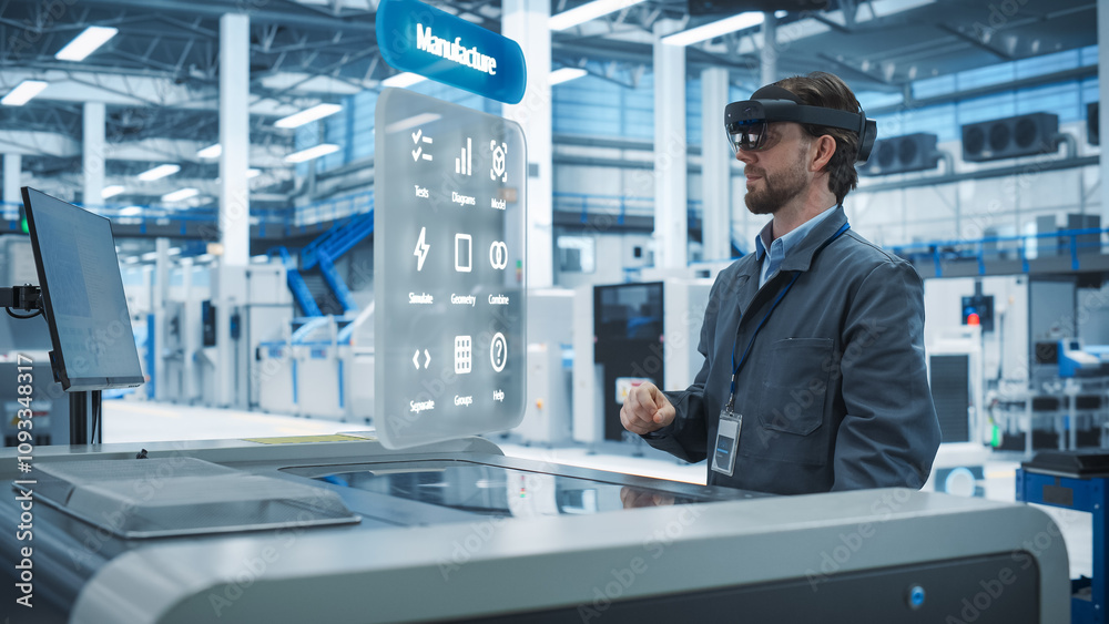 Poster Male Engineer Uses Augmented Reality Headset to Interact With Complex 3D Holographic Model of Microchip in an Advanced Manufacturing Facility, Precision Engineering of PC Hardware in Factory