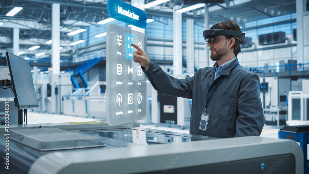 Poster Male Engineer Uses Augmented Reality Headset to Interact With Complex 3D Holographic Model of Silicon Microchip in an Advanced Manufacturing Facility, Precision Engineering of PC Hardware in Factory