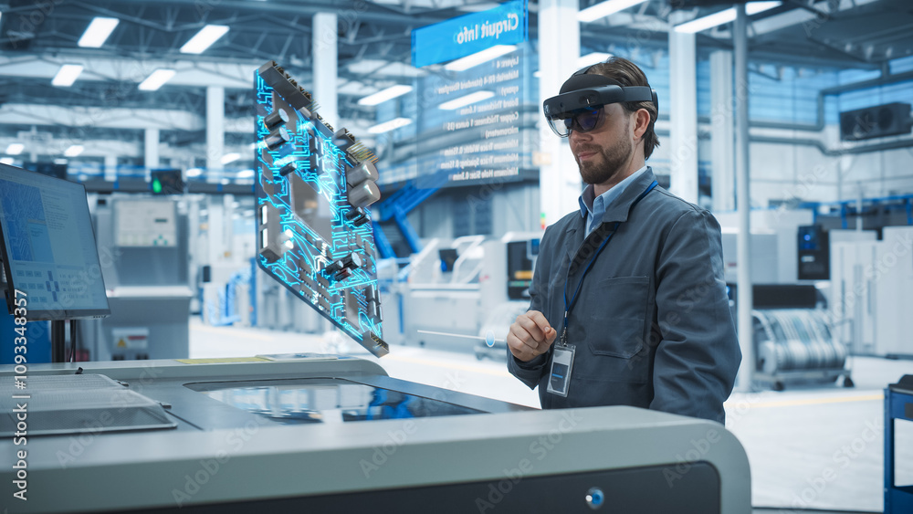 Poster Male Engineer Uses Augmented Reality Headset to Interact With Complex 3D Holographic Model of Microchip in Advanced Manufacturing Facility, Precision Engineering of Computer Hardware in Factory