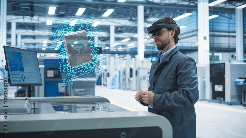Poster Male Engineer Uses Augmented Reality Headset to Interact With Complex 3D Holographic Model of Microchip in an Advanced Manufacturing Facility, Precision Engineering of PC Hardware in the Factory
