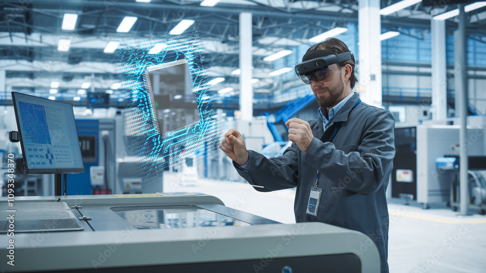 Leinwandbilder Male Engineer Uses Augmented Reality Headset to Interact With Complex 3D Holographic Model of Microchip in an Advanced Manufacturing Facility, Precision Engineering of Computer Hardware in the Factory