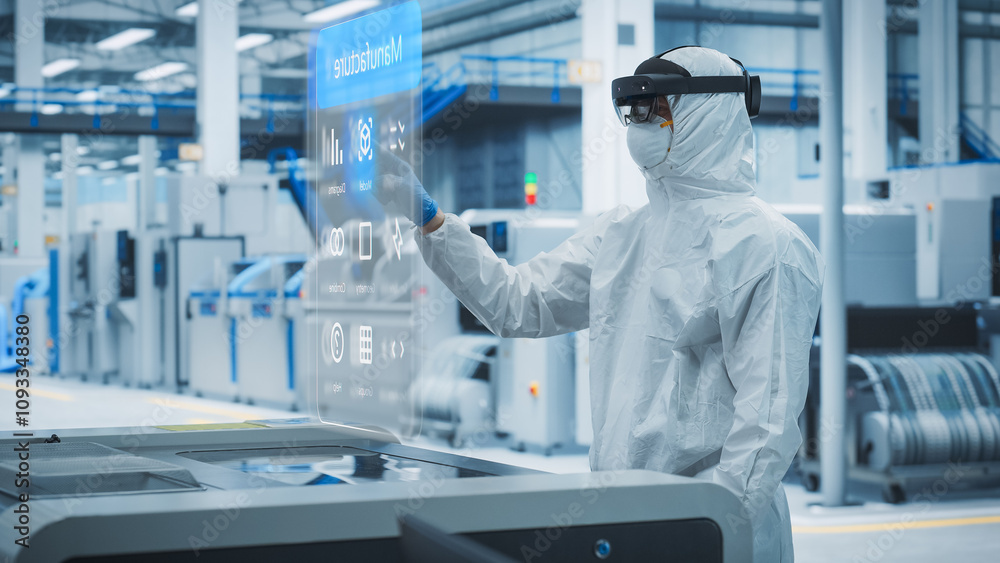 Poster Sterile Coverall Wearing Engineer Uses Augmented Reality Headset to Interact With 3D Holographic Model of Silicon Microchip in Manufacturing Facility, Precision Engineering of Computer Hardware
