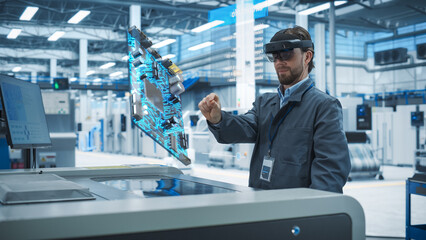 Male Engineer Uses Augmented Reality Headset to Interact With Complex 3D Holographic Model of...