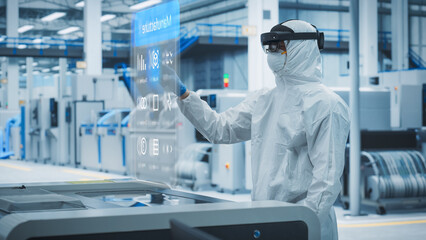 Sterile Coverall Wearing Engineer Uses Augmented Reality Headset to Interact With 3D Holographic...