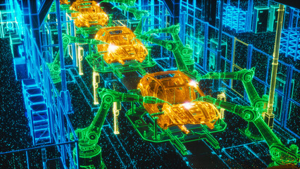 Car Factory Digitalization Industry 4.0 Computer Vision Concept: Automated Robot Arm Assembly Line Manufacturing Electric Vehicles. AI Computer Vision Analyzing, Scanning Production Efficiency