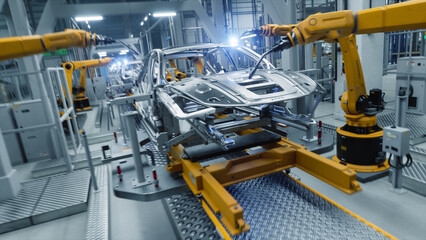 Autonomous Factory with Robotic Arms Autonomously Assembling Car Frames At the Factory. Artificial Intelligence, Precision Production and Manufacturing of Sustainable Electric Vehicles Of the Future