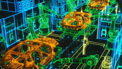 Advanced Robotic Arms Autonomously Assemble Car Frames in a High Tech Factory, AI and Computer Vision for Precision and Efficiency. Manufacturing Automation Technology. Concept of Virtual Vision