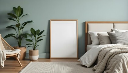 A cozy bedroom interior with a wooden frame leaning against the wall, a potted plant, and a plush blanket on the bed