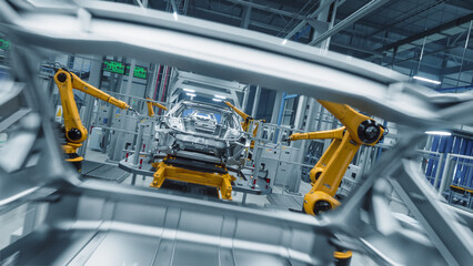 Autonomous Factory with Robotic Arms Autonomously Assembling Car Frames At the Factory. Artificial Intelligence, Precision Production, and Manufacturing Green Energy EVs Plant