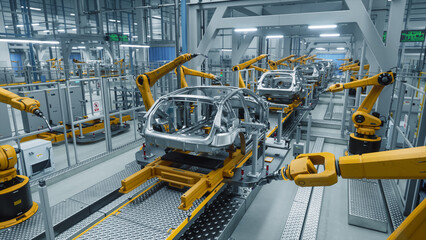 Autonomous Factory with Robotic Arms Autonomously Assembling Car Frames At the Factory. Artificial...