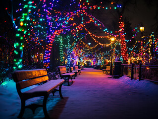 Winter wonderland garden with softly glowing Christmas lights on trees and frosted benches lining the paths