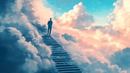 a man climbs the stairs against a background of clouds concepts