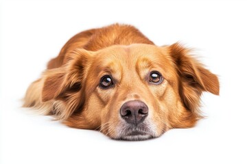 Fototapeta premium A golden retriever dog lying down with a peaceful expression, close-up shot on a white isolated background.