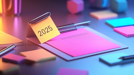 Goal setting and planning in 2025 concept. Digital sticky notes for setting vibrant 2025 goals.