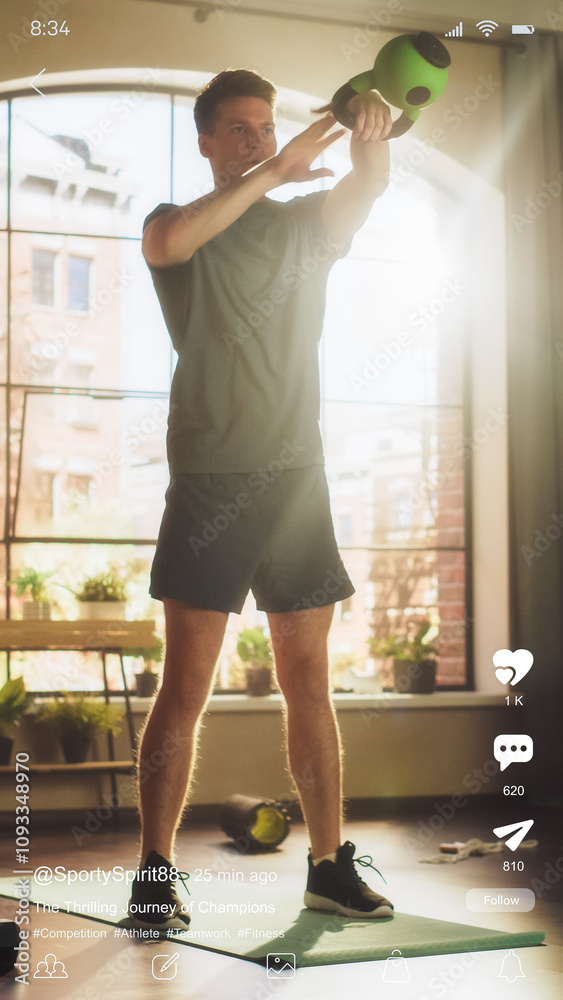 Poster vertical mobile interface: social media mockup app with male fitness influencer doing a workout rout