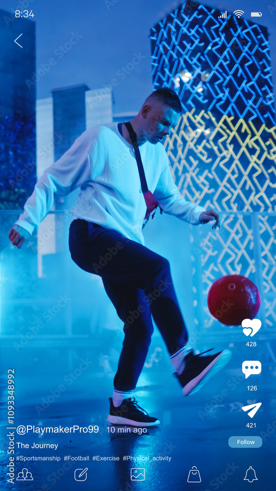 Poster vertical mobile interface: social media mockup app with stylish male street football player practici