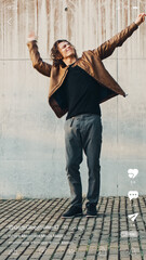 Vertical Mobile Interface: Social Media Mockup App With Caucasian Male Influencer Having Fun And...