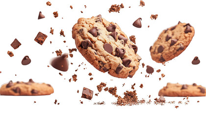 Crumbling cookie pieces suspended in air with chocolate chips on white.