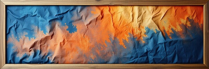 Fototapeta premium Navy blue and orange wrinkled textile with multicolored wavy surface wallpaper in a rustic wood frame, ocean, abstract art, marina