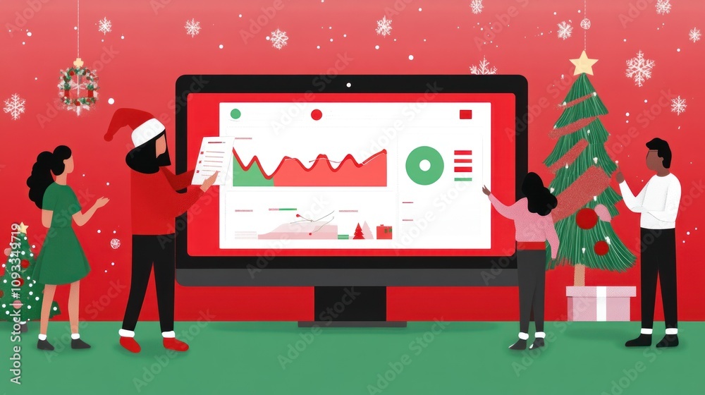 Poster team analyzing christmas sales data on computer