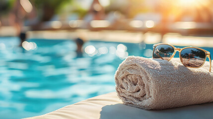 rolled beach towel rests beside sparkling pool, with sunglasses perched on top, evoking relaxing summer vibe