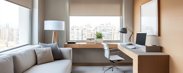 Fototapeta premium Maximizing functionality in a modern executive office urban space interior design minimalist environment integrated desk concept