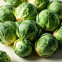 Fototapeta premium Freshly harvested brussels sprouts displayed on a clean surface in a bright kitchen setting