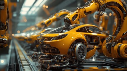 Fototapeta premium Robots assembling eco-friendly vehicles: Green industry focus on clean transportation, soft lighting, vibrant colors, 8k resolution, photorealistic. cinematic. 3D render. highly detailed,
