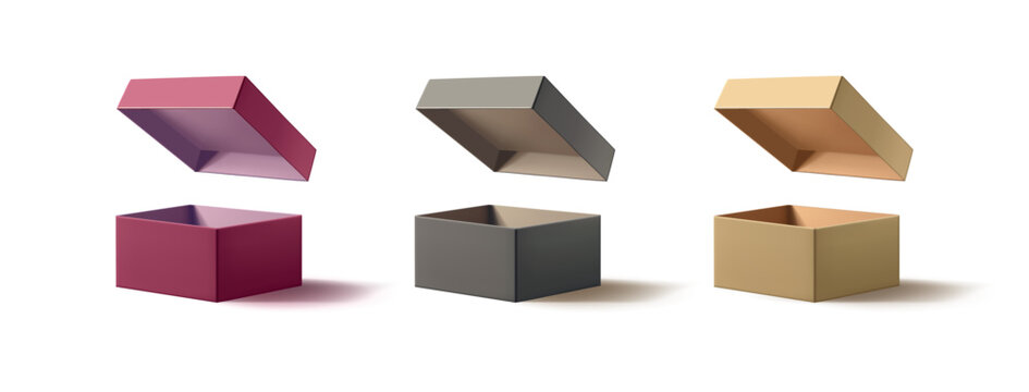 Set of realistic colored open boxes with lids, 3D. For packaging and branding concepts of goods, products, promotional offers and discounts. Vector illustration.