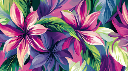 Fototapeta premium An abstract floral pattern in vivid pinks and greens brightens a powder room. Vivid Floral Patterns. Illustration