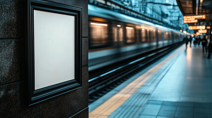Mockup banner on a blank board at a subway station wall with space for advertisement