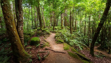 Obraz premium 푸른 숲속을 따라 이어진 산책, 트레일 코스