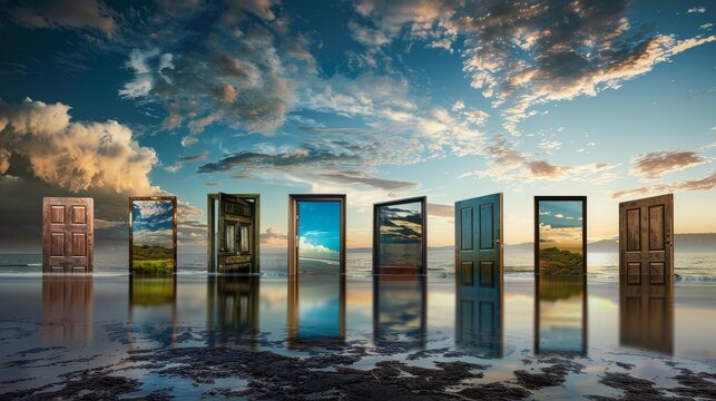 A series of doorways leading to diverse landscapes and destinations, each representing a different aspect of the journey towards inclusivity and equity