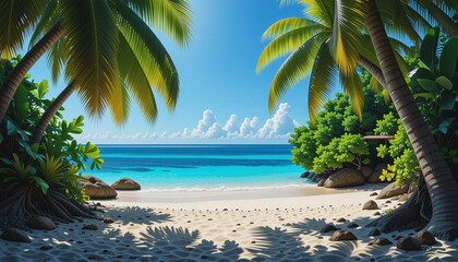 Fototapeta premium Scenic Tropical Beach with Palm Trees and Turquoise Waters