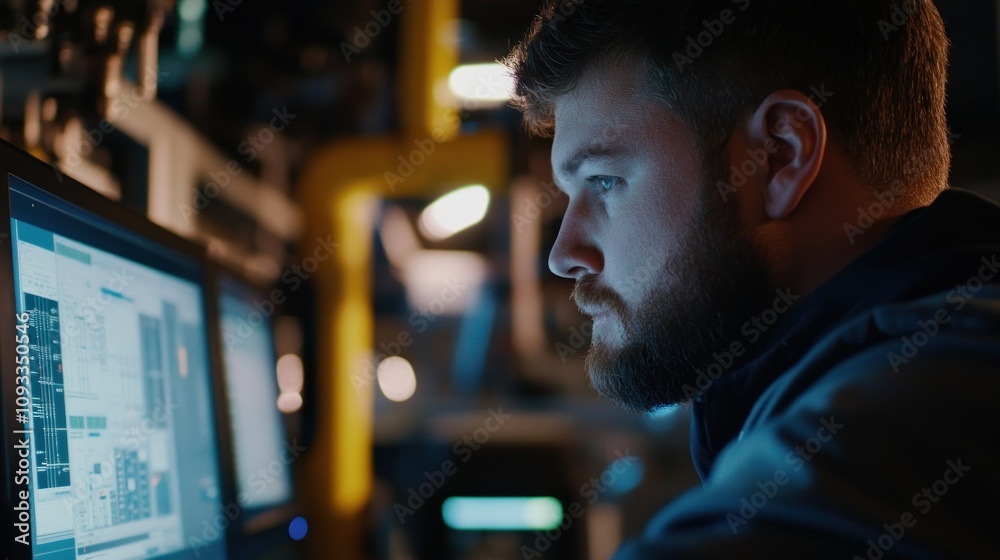 Poster a bearded man focused on a computer screen in a dark room