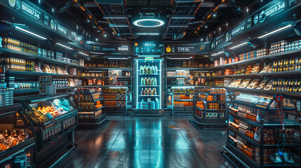 A futuristic grocery store with an AI-powered digital assistant on a wearable, guiding the user to items and offering recipe suggestions based on shopping preferences.