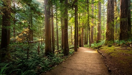 Fototapeta premium 푸른 숲속을 따라 이어진 산책, 트레일 코스