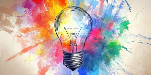 Colorful Watercolor Painting of a Light Bulb Surrounded by Vibrant Splashes of Paint Representing Creativity and Inspiration in an Artistic Style