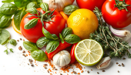 Spices and herbs. Tomato, basil, pepper, garlic, onion, thyme, lime, lemon, salt. Vegan healthy diet food on white banner background isolated with white highlights, png