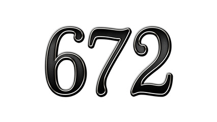 black metal 3d design of number 672 on white background.