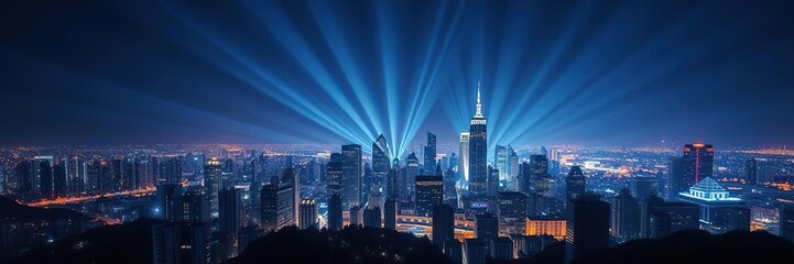 Obraz premium Radiant glowing shapes on a cityscape at night, urban landscape, cityscape, motion blur