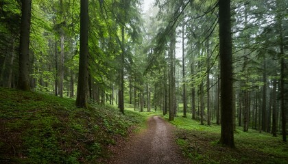 Fototapeta premium 푸른 숲속을 따라 이어진 산책, 트레일 코스