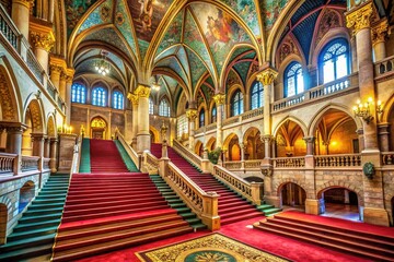 Obraz premium Budapest Parliament's grand stairway, perfectly recreated in photorealistic AI art.