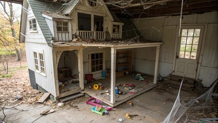 Creepy dollhouse with broken toys and cobwebs, creepy dollhouses, haunted interiors, forgotten childhood, old toys